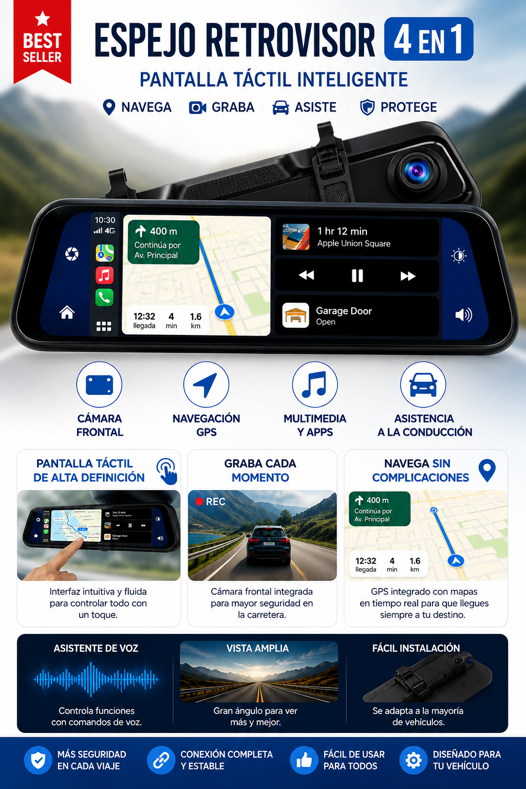 ESPEJO RETROVISOR INTELIGENTE 4 EN 1